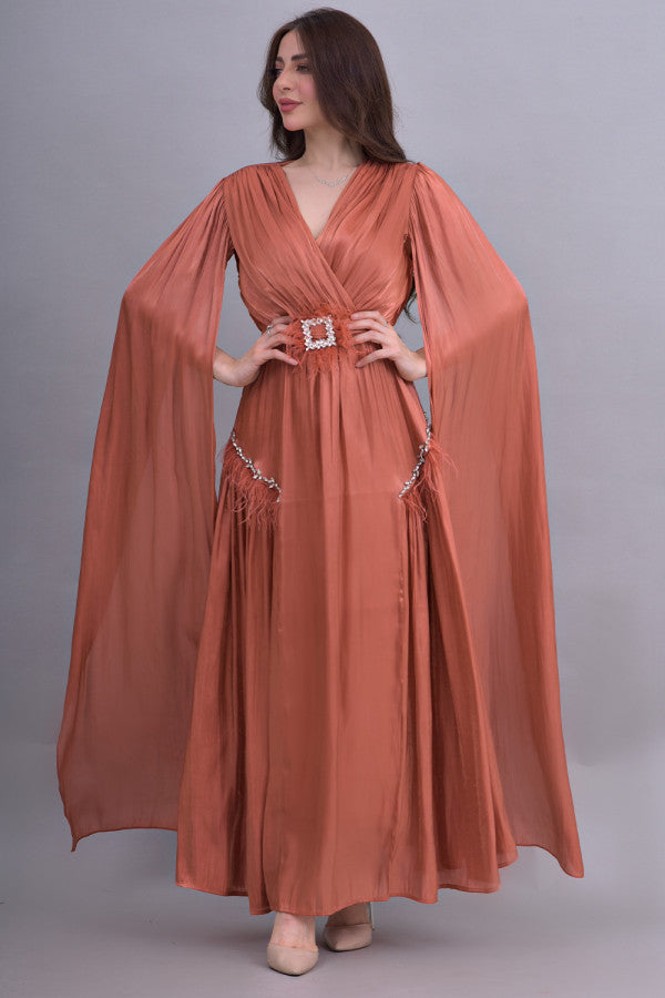 Metallic dress with cape sleeves, brick color