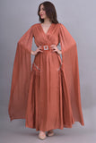 Metallic dress with cape sleeves, brick color