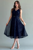 Short evening dress made of mesh tulle with sequins, navy blue