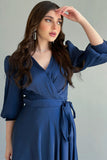 Chiffon wrap dress with tie at the waist, navy blue