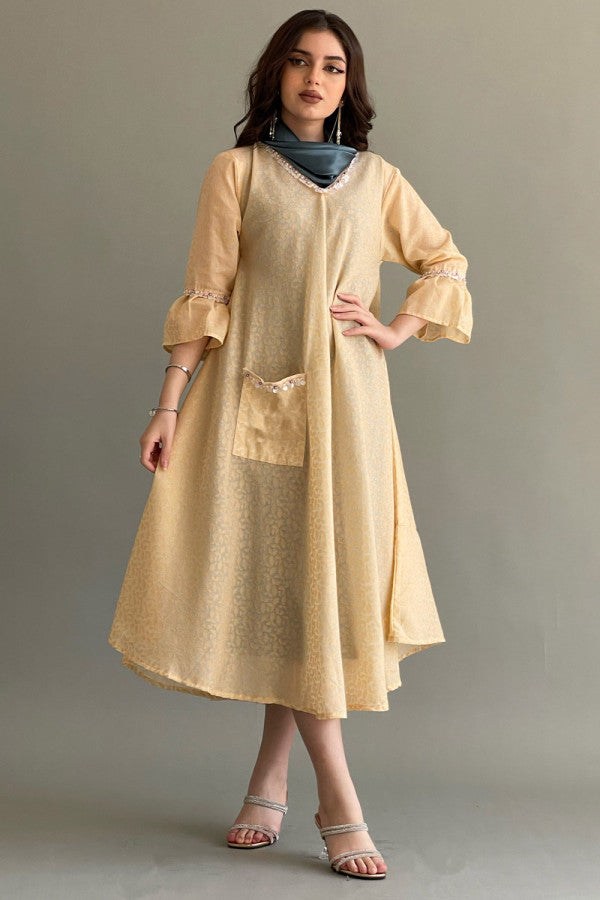 Two-piece galabiya lined with satin, beige color