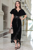 Black velvet wrap dress with belt 