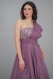 One-shoulder embroidered midi evening dress, mauve color