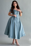 Off-shoulder evening dress with bow, Tiffany color