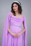 Soft evening dress with cape sleeves and an embroidered belt, lavender color