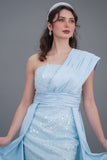 One shoulder embroidered evening dress in sky colour