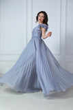 Gray evening dress with ruffle sleeves