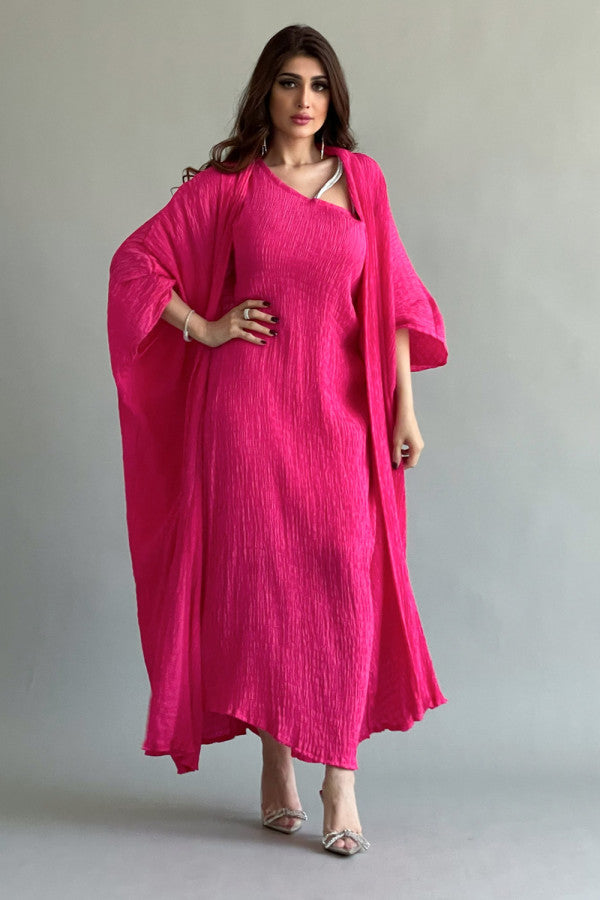 An elegant two-piece jalabiya with modern details, fuchsia color 