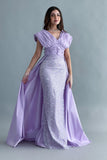 Evening dress embroidered with a mauve train design