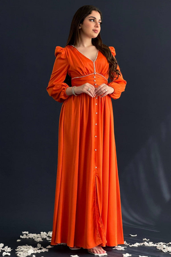 فستان حرير ساتان مزين بالكريستال لون برتقالي