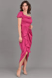 Satin off-shoulder midi dress with slit, fuchsia color