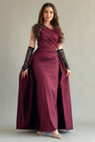 One-shoulder taffeta dress with train, burgundy