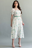 Green autumn leaf print dress