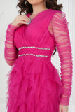 Evening dress with layers of ruffles and embroidered waist, fuchsia color