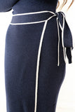 Midi dress with a wrap belt attached to the waist, navy blue 