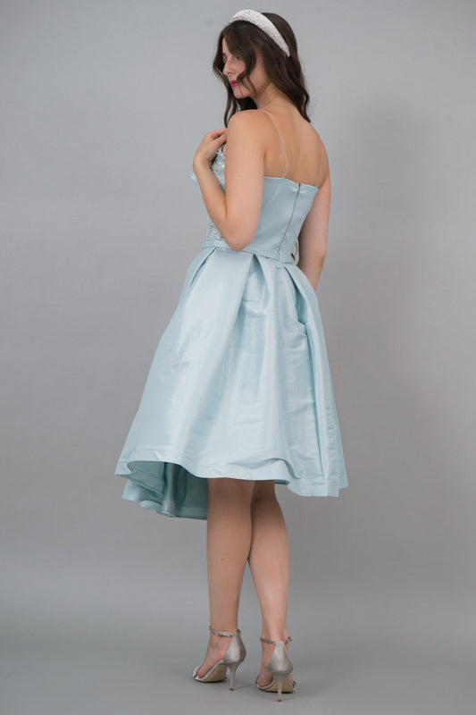 Tiffany color embroidered cloche evening dress with pleats