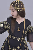 Girls' oriental jalabiya with open shoulder, embroidered, black