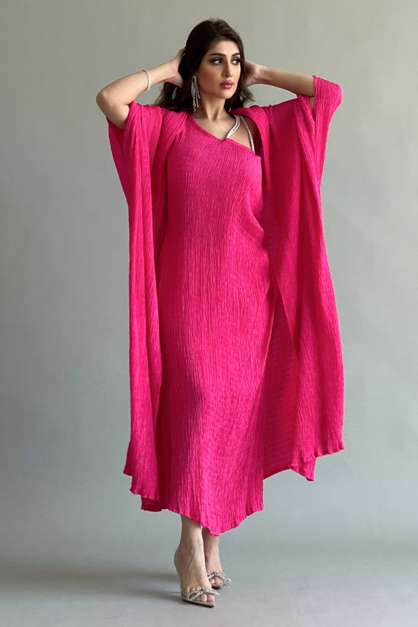 An elegant two-piece jalabiya with modern details, fuchsia color 