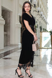 Black velvet wrap dress with belt 