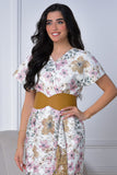 Beige frilled floral wrap dress