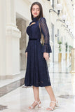 Lace midi dress with velvet belt, navy blue 