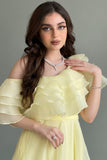 Yellow one-shoulder cloche dress with layers of ruffles