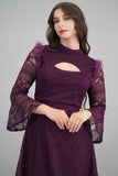 Short lace dress with purple feathers