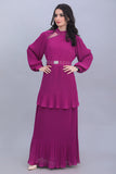 Layered dress with embroidered collar, mauve color