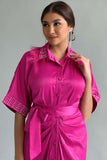 Pleated shirt dress decorated with crystals and feathers in fuchsia