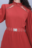 Layered dress with embroidered collar, brick colour