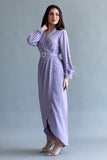 Wrap style dress with crystal embroidered sleeves, mauve color