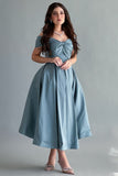 Off-shoulder evening dress with bow, Tiffany color