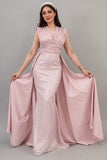 Evening dress embroidered with a pink train design