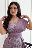 One-shoulder embroidered evening dress, mauve color