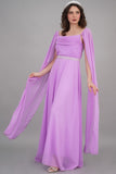 Soft evening dress with cape sleeves and an embroidered belt, lavender color