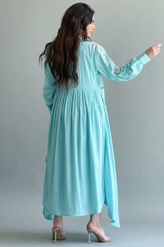 Jalabiya with embroidered off-the-shoulder coat, blue