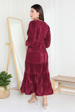 Plisse dress with long puff sleeves, burgundy