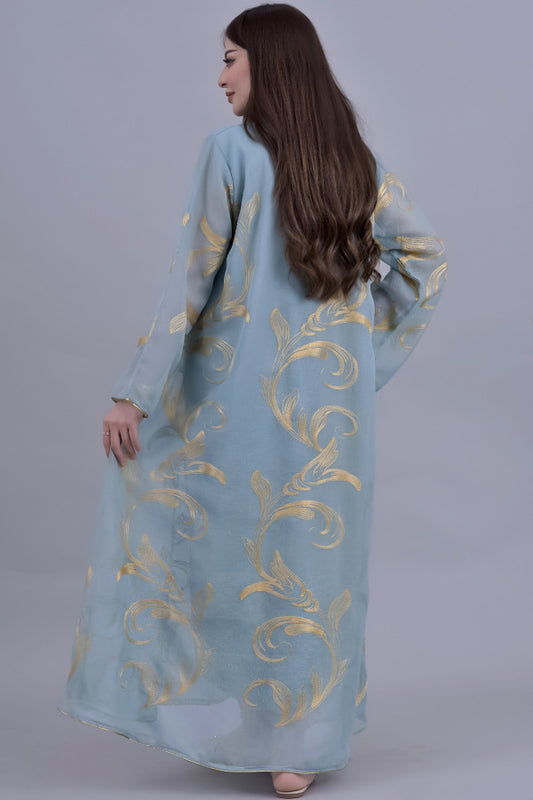 Oriental jalabiya embroidered with a golden Tiffany-colored qitan