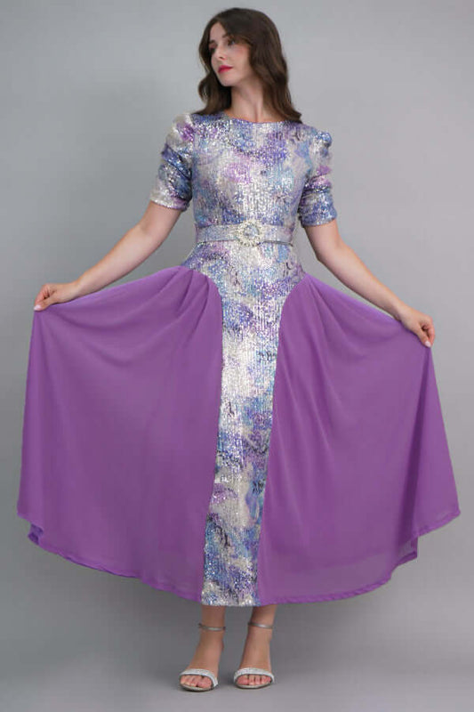 Mauve color wavy sequin dress with pleats