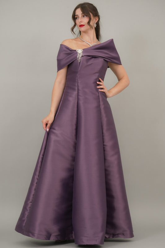 Mikado taffeta evening dress with bow sleeves, mauve color