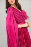 One-shoulder cape-sleeve plaid dress in fuchsia color