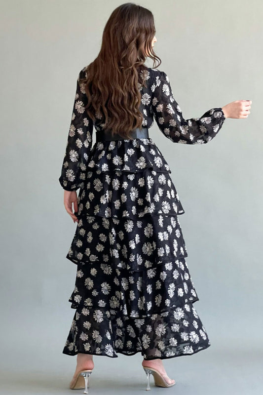 Floral dress with layered design, black