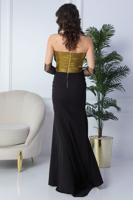 Evening dress with split design, olive color