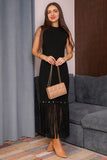 Winter dress decorated with frills and cap sleeves, black 