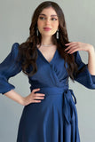 Chiffon wrap dress with tie at the waist, navy blue