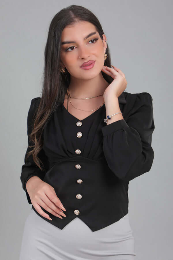 Contrasting short blouse with gold buttons, black color 