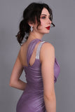 One-shoulder evening dress decorated with a crystal ribbon, mauve color