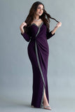 Wrap style jersey dress decorated with a crystal ribbon in mauve color