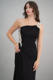 Black one-shoulder jersey evening dress embroidered with crystals