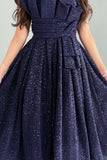 Evening dress with a cloche design and pleats on the chest, navy blue